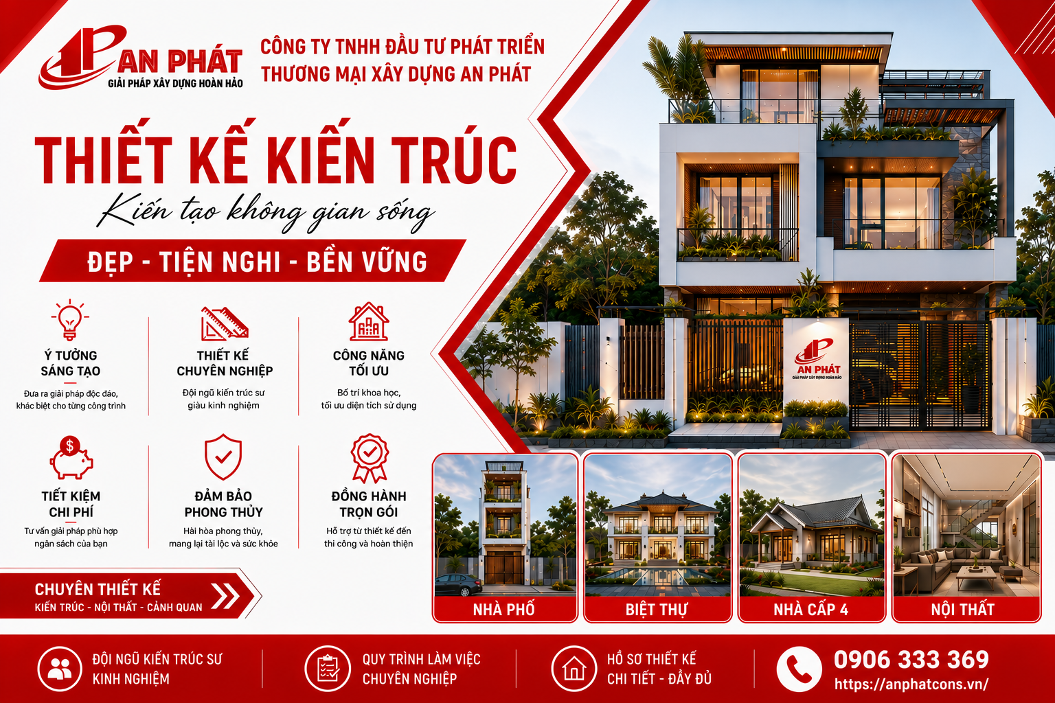 Thiết kế kiến trúc – Nền tảng của một công trình hoàn hảo Ngôi nhà không chỉ là nơi để ở mà còn là không gian lưu giữ những giá trị gia đình, thể hiện phong cách sống và khẳng định dấu ấn riêng của mỗi gia chủ. Chính vì vậy, trước khi bắt đầu xây dựng, việc sở hữu một bản thiết kế kiến trúc chuyên nghiệp là yếu tố quan trọng quyết định đến chất lượng, tính thẩm mỹ và giá trị lâu dài của công trình. Với nhiều năm hoạt động trong lĩnh vực xây dựng, CÔNG TY TNHH ĐẦU TƯ PHÁT TRIỂN THƯƠNG MẠI XÂY DỰNG AN PHÁT tự hào mang đến dịch vụ thiết kế kiến trúc nhà phố, biệt thự, nhà cấp 4 và cải tạo công trình với tiêu chí Đẹp – Khoa học – Tiết kiệm – Bền vững.